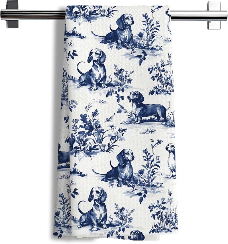 Nipil Chinoiserie Dachshund Floral Kitchen Towels, Blue and White Floral Botanical Dachshund Decorative Dish Tea Towels, Grandmillennial Weiner Dog Hand Towels for Kitchen Bathroom, 16x24 Inch - Image 1